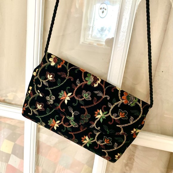 Embroidered Black Floral Velvet Mini Purse - Picture 2 of 3
